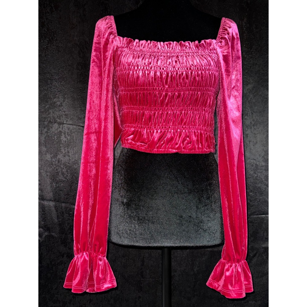 HYFVE Hot Pink Velvet Smocked Crop Top Long Puff Sleeve Square Neck FE23F377 M